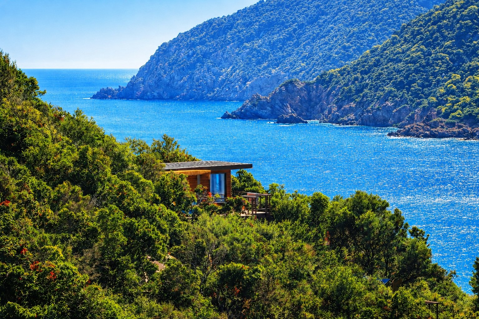 Vue panoramique sur la mer Méditerranée depuis les lodges Soléa, île du Levant